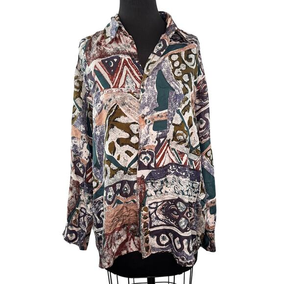 VINTAGE IN Private Blouse Silk Abstract Collared Casual Button-Up Size Medium M - Picture 1 of 5